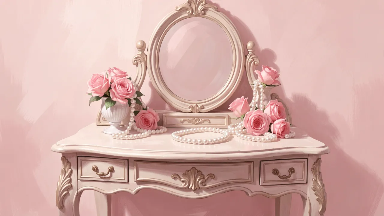 Ornate vintage vanity table adorned with pink roses, pearl strands and a round mirror against a soft pink wall