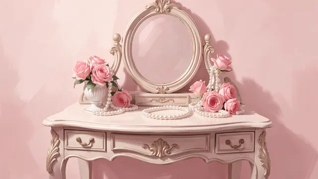 Ornate vintage vanity table adorned with pink roses, pearl strands and a round mirror against a soft pink wall