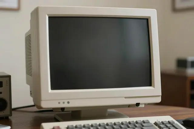 Unbranded vintage CRT monitor with a dark blank screen sits on a wooden retro office desk with a keyboard in the foreground