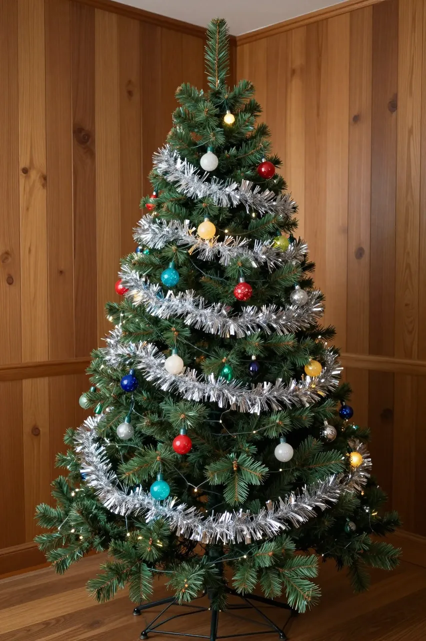 A vintage artificial Christmas tree with silver tinsel and colorful bulb lights stands in a wood-paneled room corner.