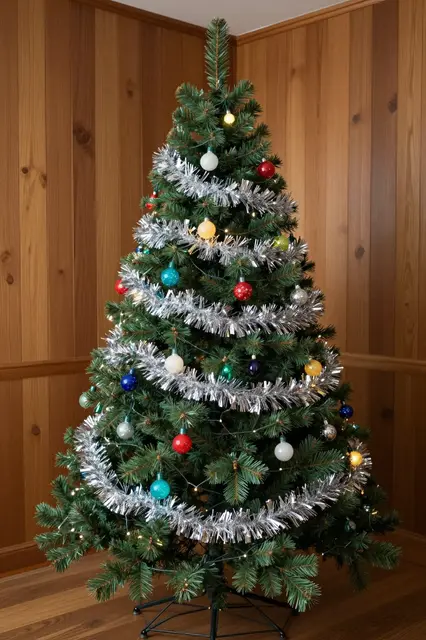 A vintage artificial Christmas tree with silver tinsel and colorful bulb lights stands in a wood-paneled room corner.