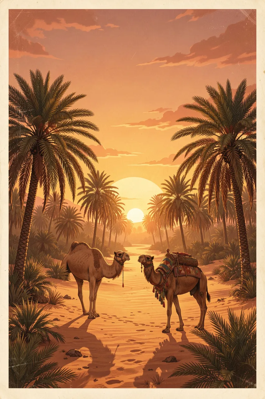 Vintage illustration of two camels facing each other at a palm-filled desert oasis during warm golden sunset