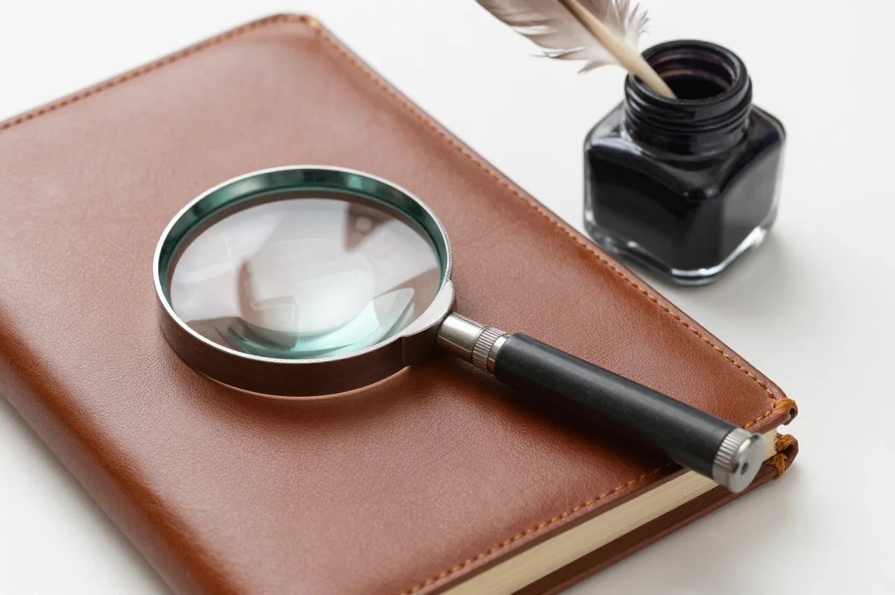 A magnifying glass rests on a closed brown leather book beside an inkwell with a feather quill