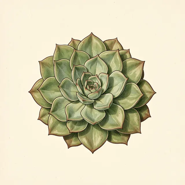 Detailed vintage botanical illustration of an echeveria succulent rosette on cream paper