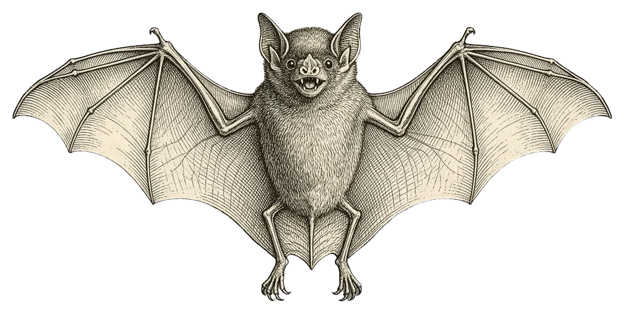 Antique style engraving of a bat with fully spread wings, viewed from the front