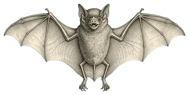 Antique style engraving of a bat with fully spread wings, viewed from the front