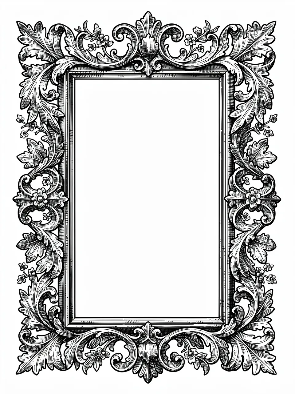 Ornate black ink vintage engraving frame with acanthus leaves and flowers surrounding empty white space