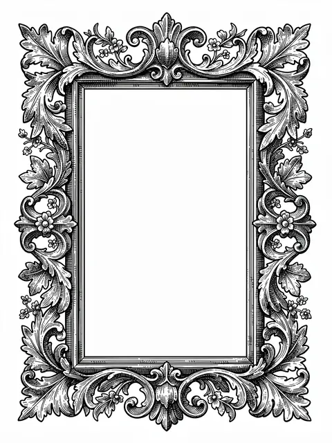 Ornate black ink vintage engraving frame with acanthus leaves and flowers surrounding empty white space