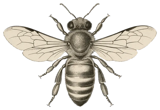 Top-down antique engraved illustration of a honeybee with spread, detailed wings and fine cross-hatching lines