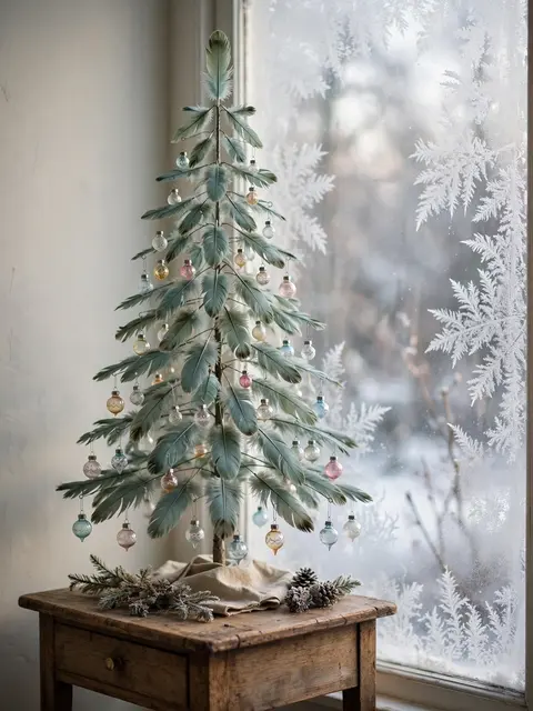 A pastel feather Christmas tree with tiny glass ornaments sits on a rustic table by a frosted winter window