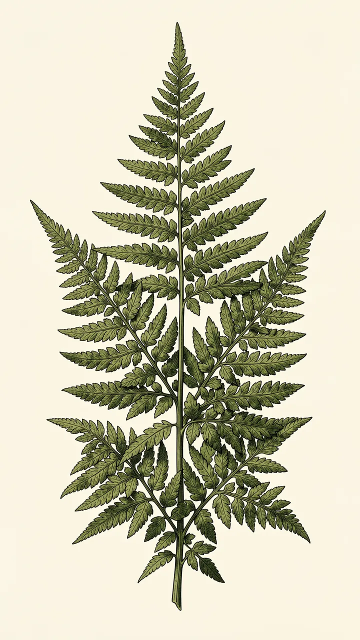 A detailed vintage style botanical illustration of a single fern frond against a plain cream background
