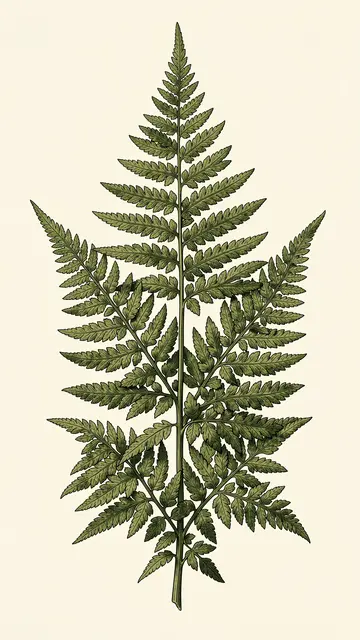 A detailed vintage style botanical illustration of a single fern frond against a plain cream background
