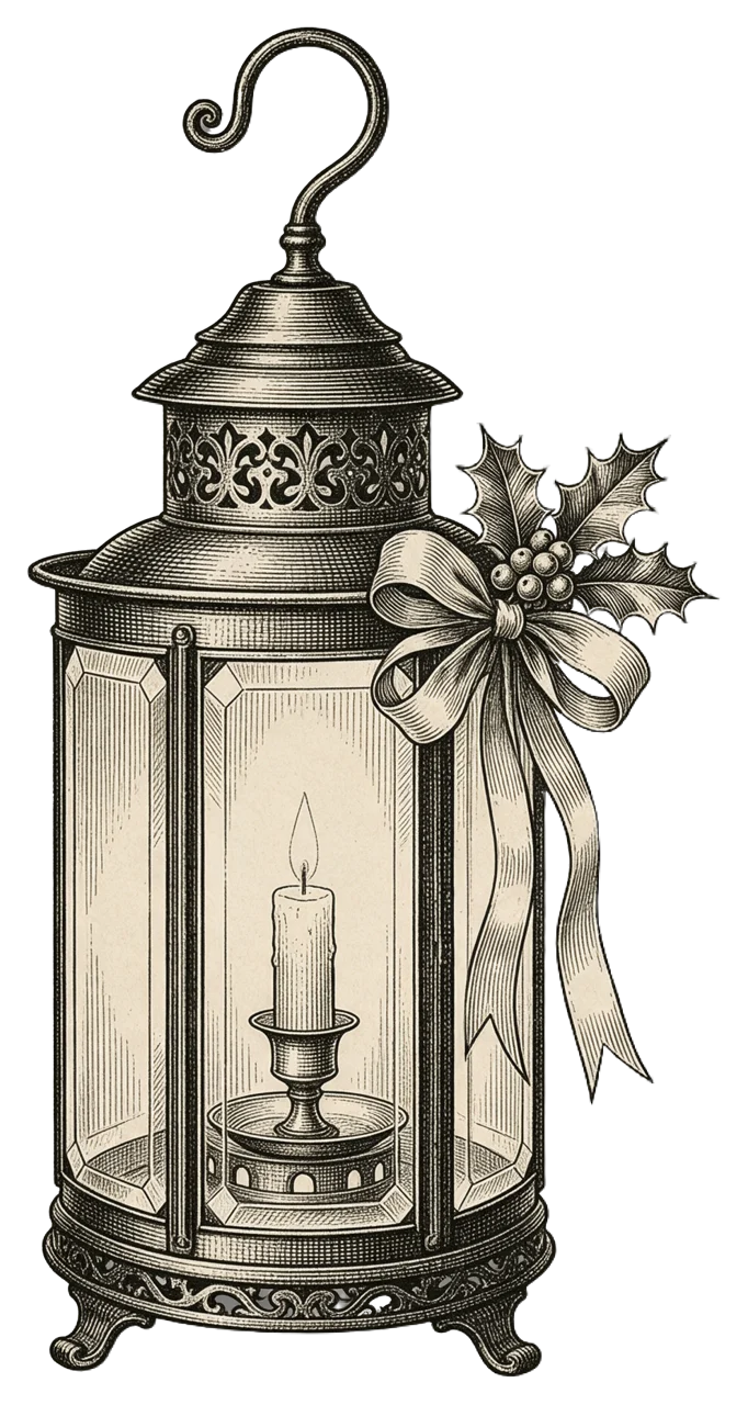 Antique engraved lantern with lit candle, ribbon bow and holly decoration