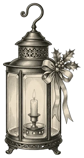 Antique engraved lantern with lit candle, ribbon bow and holly decoration