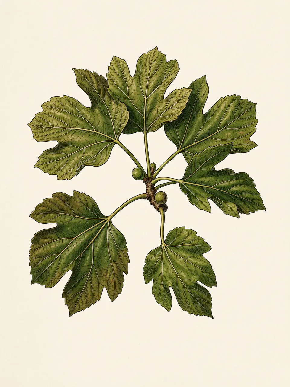 Botanical illustration of a fig branch with lobed green leaves and unripe fruit on cream paper