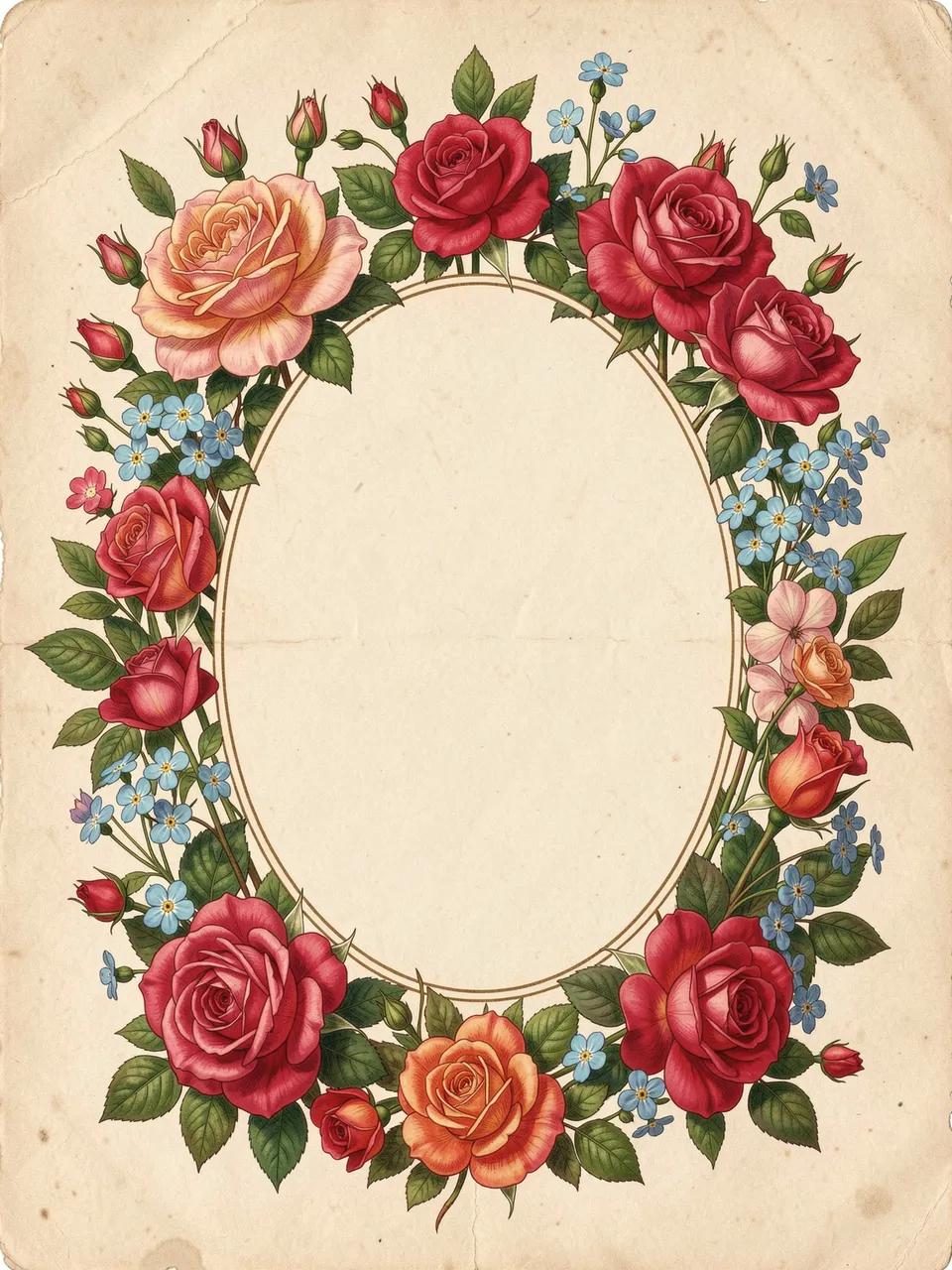 A vintage chromolithograph floral frame of roses and forget-me-nots surrounding an empty oval center on aged paper.