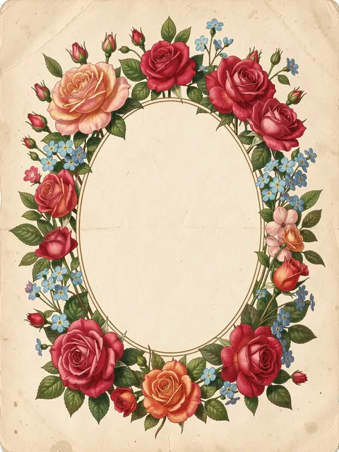 A vintage chromolithograph floral frame of roses and forget-me-nots surrounding an empty oval center on aged paper.