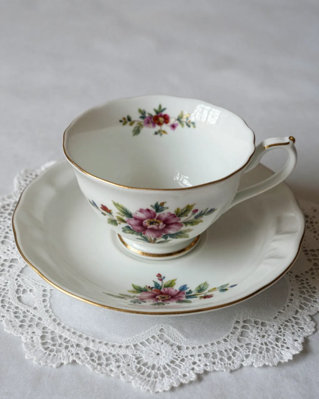 A vintage floral porcelain teacup and saucer resting on a white lace doily over a soft neutral background