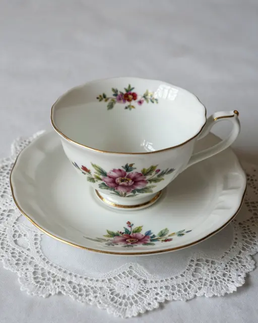 A vintage floral porcelain teacup and saucer resting on a white lace doily over a soft neutral background