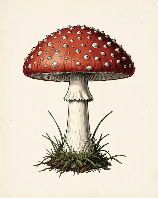 Vintage botanical illustration of a red spotted fly agaric mushroom on cream paper