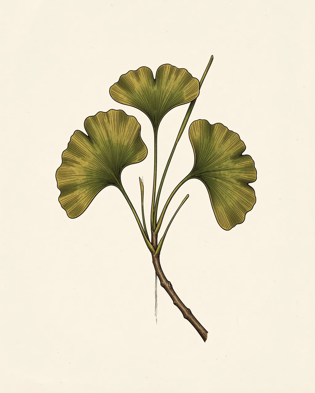 Vintage style botanical illustration of ginkgo leaves on a slender twig over cream paper