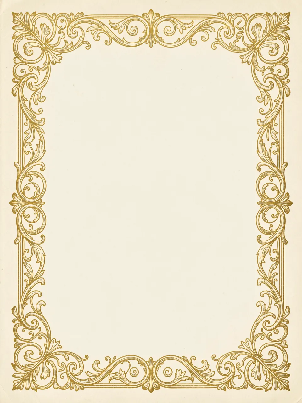 Ornate gold scrollwork border frames blank cream paper with empty center copy space