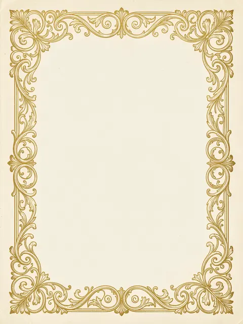 Ornate gold scrollwork border frames blank cream paper with empty center copy space