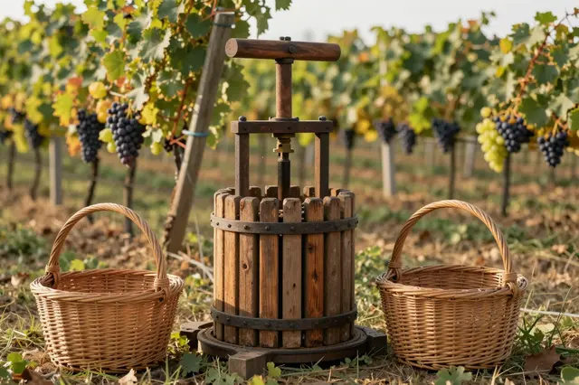 An old wooden grape press sits between two wicker baskets in a sunlit harvest vineyard.