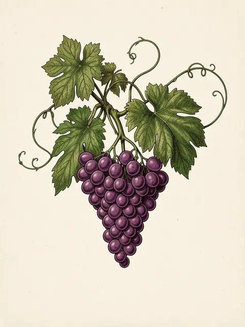 Detailed vintage botanical illustration of a grapevine with purple grapes, green leaves, and curly tendrils on cream paper