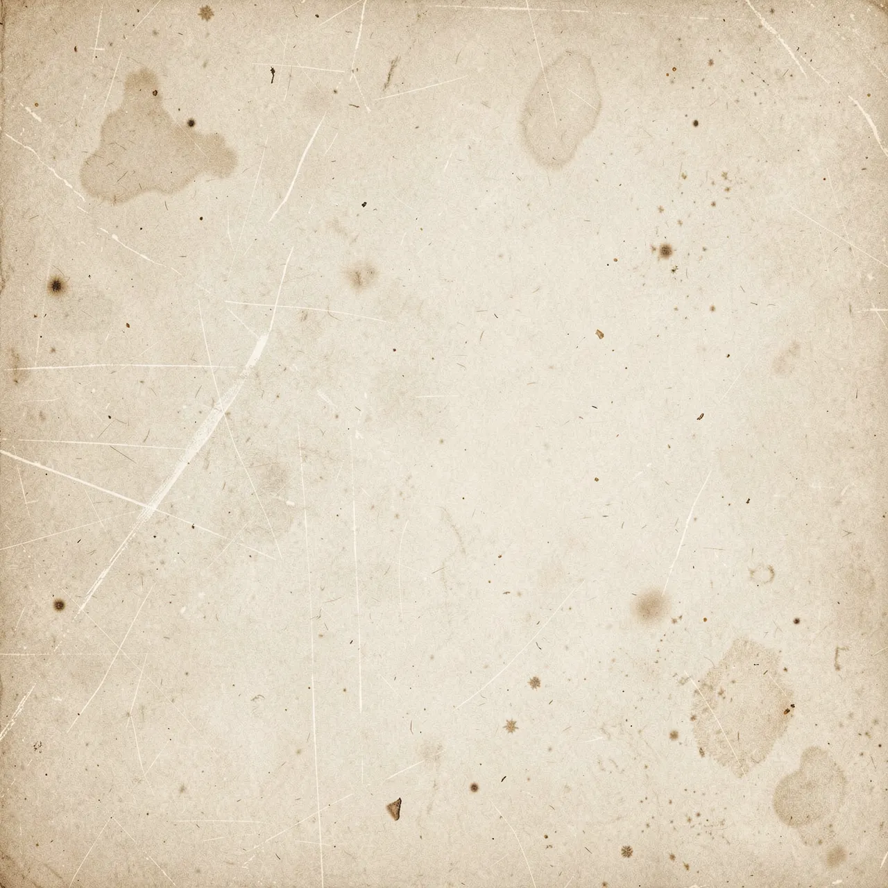 A pale aged paper surface covered in fine scratches, dust specks and faint brown stain blotches