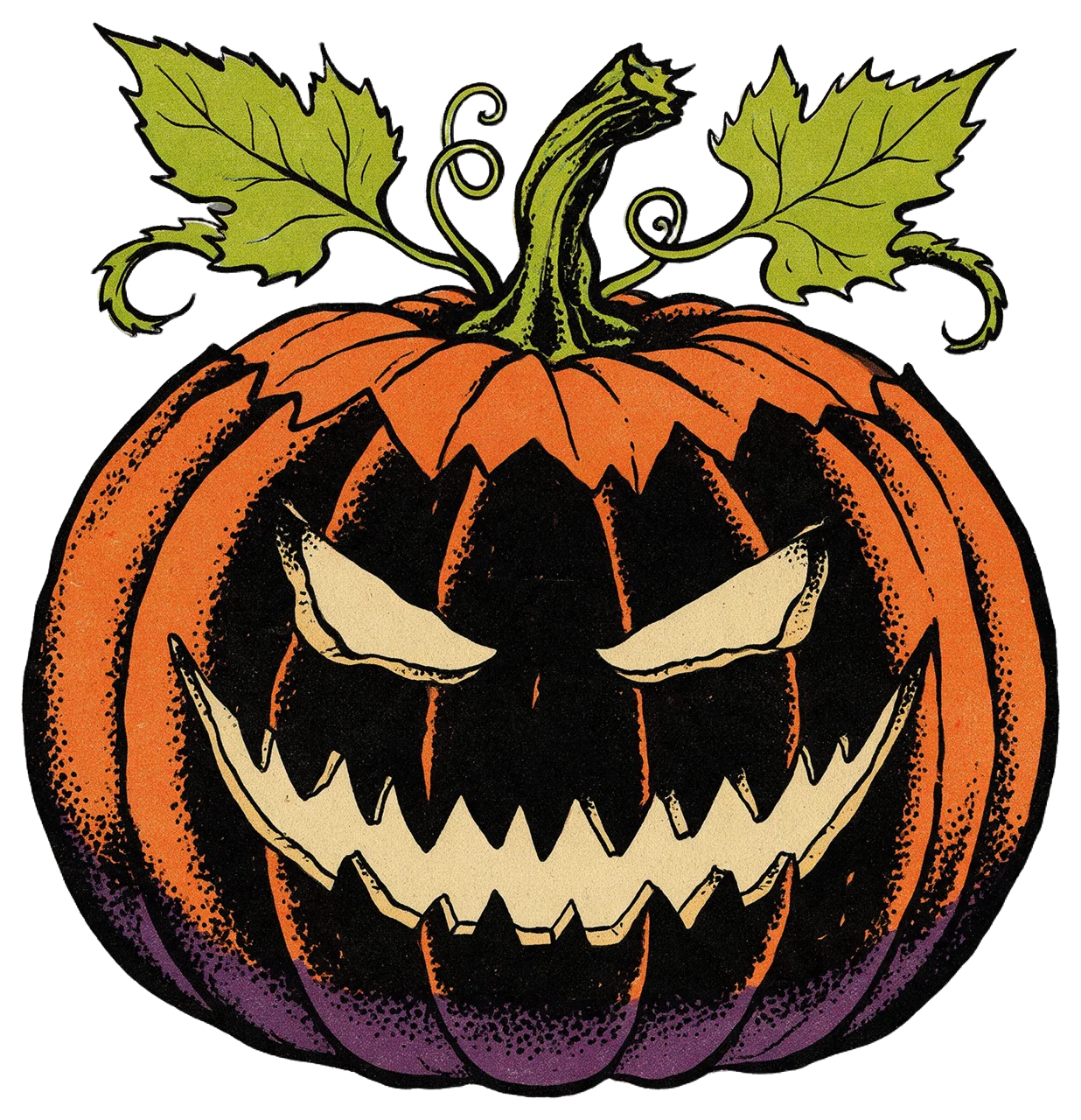 Menacing carved jack-o'-lantern in a 1950s horror comic illustration style