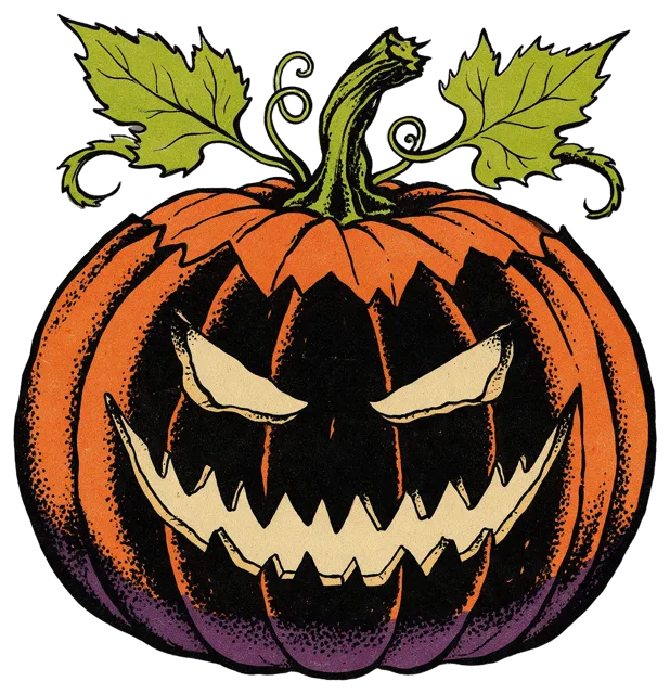 Menacing carved jack-o'-lantern in a 1950s horror comic illustration style