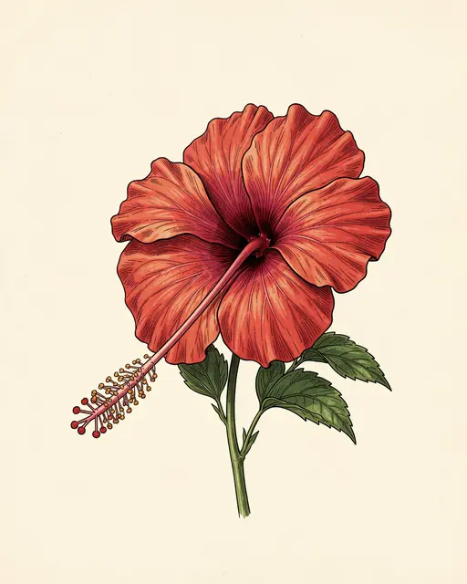 Detailed vintage line art illustration of a red hibiscus with long stamen on cream paper