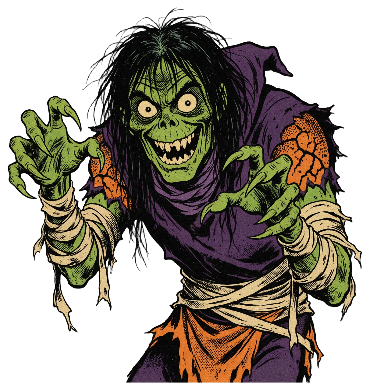 Waist-up illustration of a grinning green ghoul with raised clawed hands in 1950s comic book style