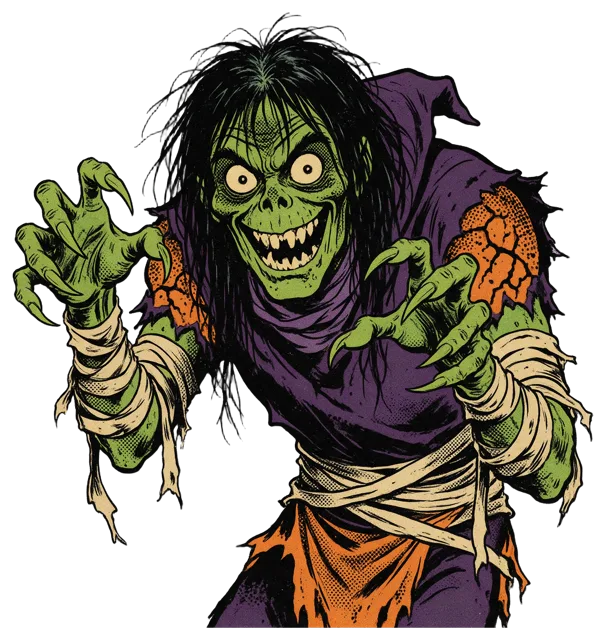 Waist-up illustration of a grinning green ghoul with raised clawed hands in 1950s comic book style