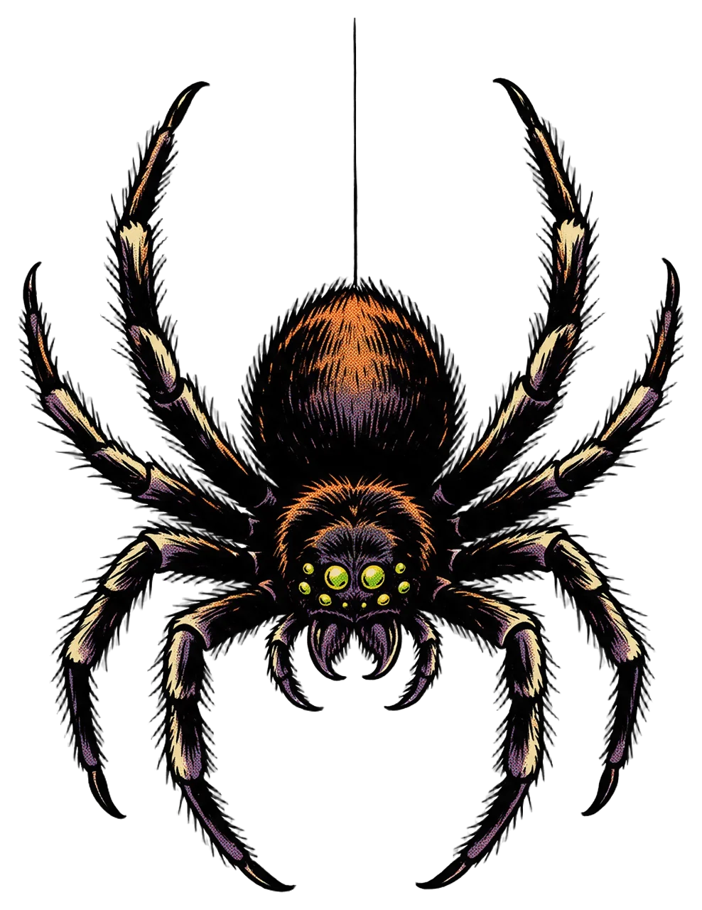 Giant hairy comic book spider hanging from a single thread, with glowing yellow eyes and bent legs