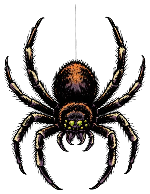 Giant hairy comic book spider hanging from a single thread, with glowing yellow eyes and bent legs