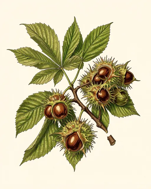 Botanical illustration of a horse chestnut branch with spiky husks, glossy nuts, and green leaves on cream paper