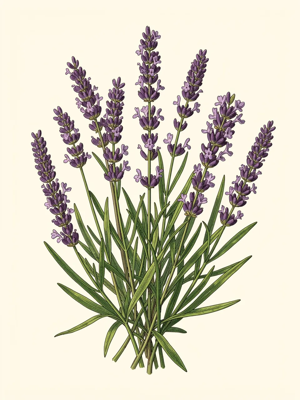 Detailed vintage botanical illustration of blooming lavender stems set against a soft cream background