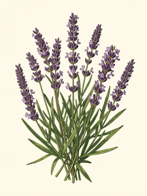 Detailed vintage botanical illustration of blooming lavender stems set against a soft cream background