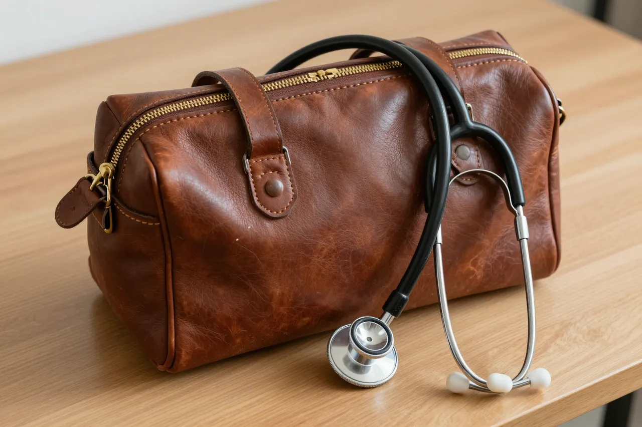 A brown vintage leather doctor's bag rests on a light wooden desk with a stethoscope draped over its edge.