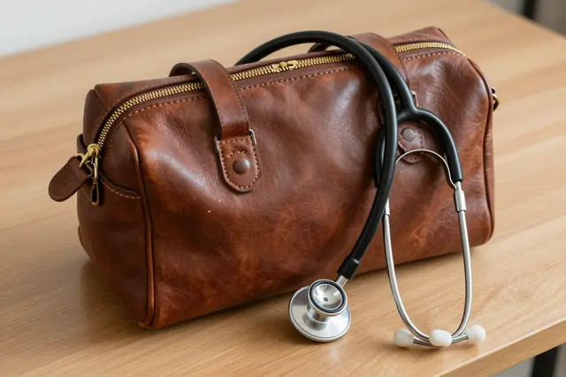 A brown vintage leather doctor's bag rests on a light wooden desk with a stethoscope draped over its edge.