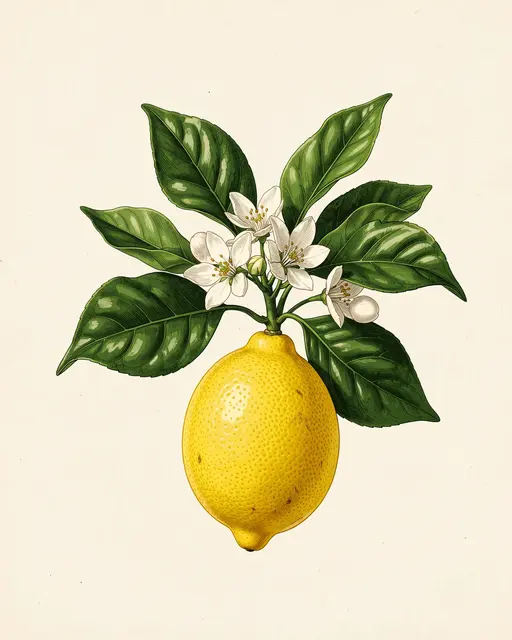 A detailed vintage botanical illustration of a lemon sprig with ripe fruit, blossoms, and glossy leaves on cream paper.