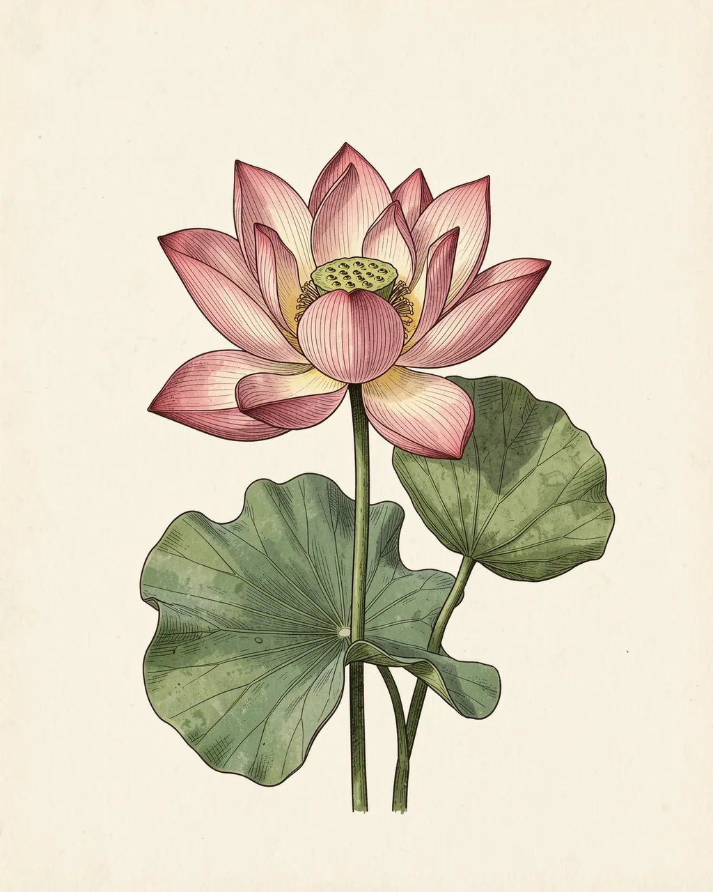 Detailed vintage botanical drawing of a lotus flower with seed head and round leaves on cream paper