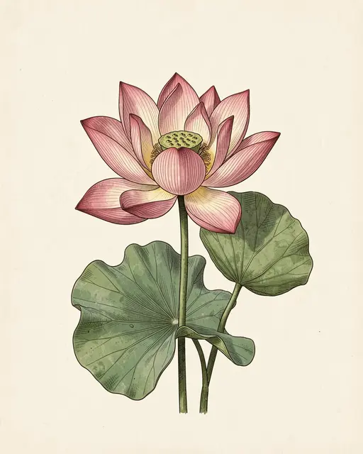 Detailed vintage botanical drawing of a lotus flower with seed head and round leaves on cream paper