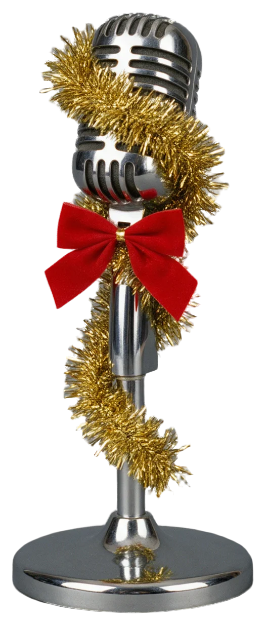 Chrome vintage stage microphone wrapped in gold tinsel with a small red velvet bow on its stand