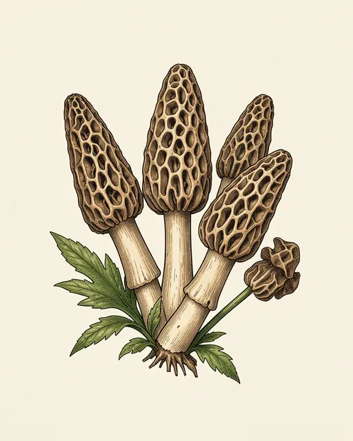 Detailed vintage botanical illustration of pitted morel mushrooms arranged on cream paper with green foliage accents
