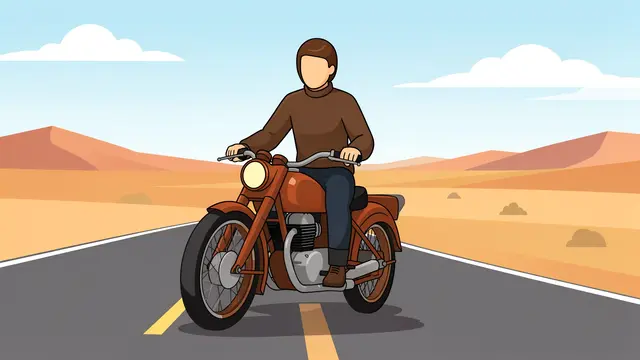 A faceless rider travels on a classic brown motorcycle along an open paved desert road under a bright sky