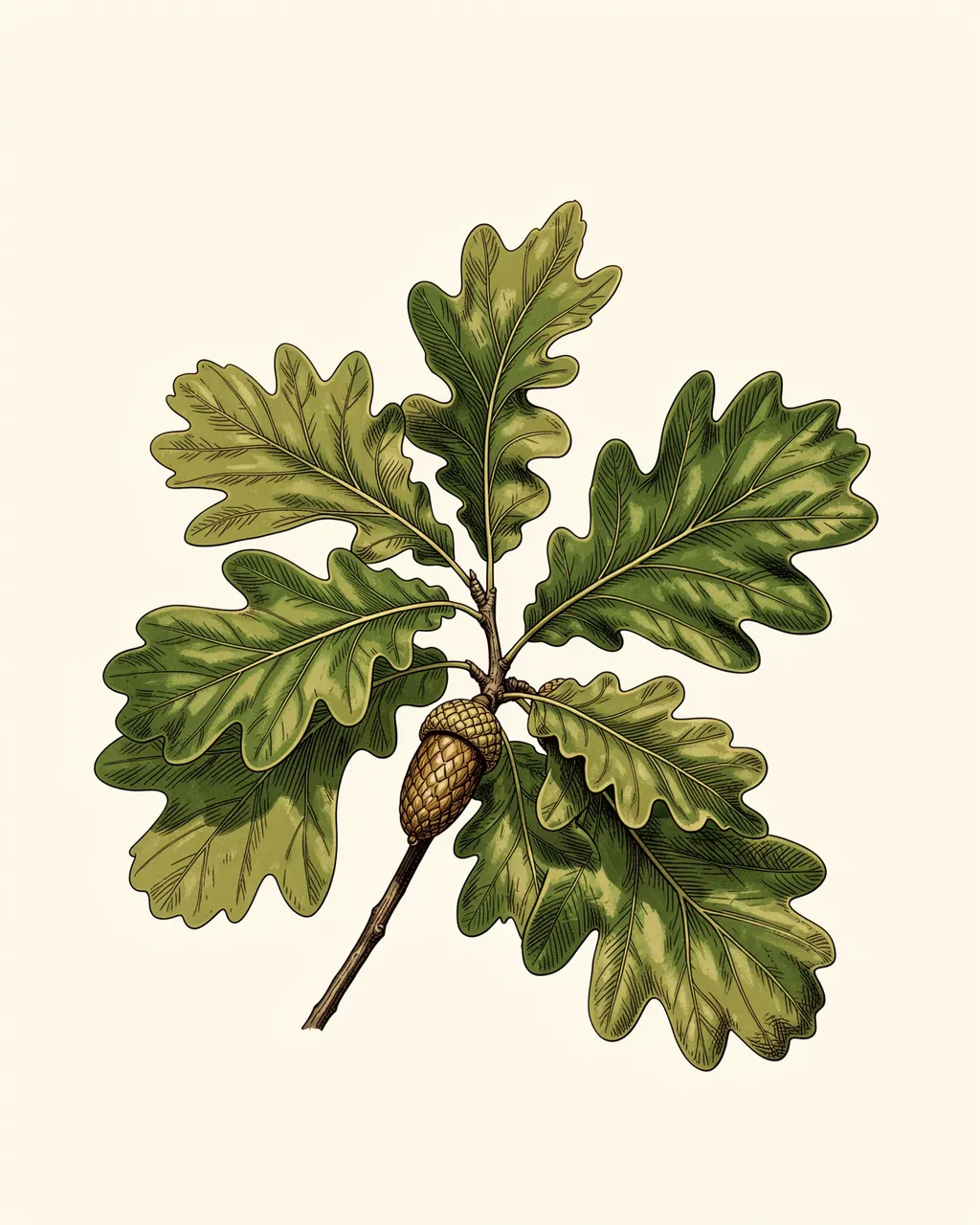 Vintage botanical illustration of an oak branch with lobed green leaves and acorns on cream paper