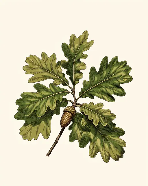 Vintage botanical illustration of an oak branch with lobed green leaves and acorns on cream paper